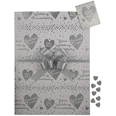 Silver 25th Anniversary Wrap Pack, 2 Gift Paper Wrapping Sheets 2 Tags 2 Pull Bows and Silver Heart Confetti Cover