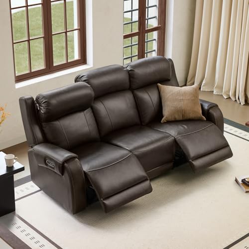 Image of CHITA Genuine Leather Power Recliner Sofa, 3 Seater Reclining Sofa, Brown