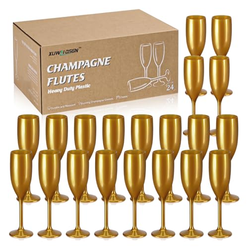 XUWAIDSGN Acrylic Champagne Flutes Toasting Glasses Unbreakable Mimosa Bar Reusable Wine Glasses Vintage Champagne Flutes Stemmed Drinking Cups 5.4 OZ for Christmas Birthday (24 Gold)