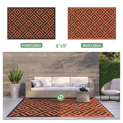 Image of GENIMO Fall Decor Outdoor Rug, Plastic Rugs for Patio, 6'x9' Black Orange