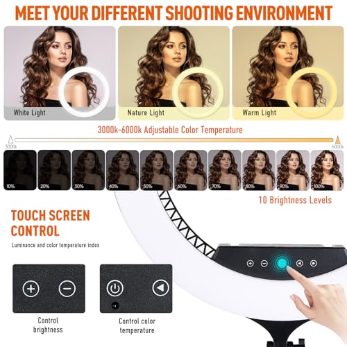 Image of GWO 21 inch LED Ring Light with Tripod Stand 6000K Dimmable Makeup Selfie Light with Touch Panel Phone Holders for YouTube Vlog Video Shooting Include Carrying Bag and Remote Control CRI>90