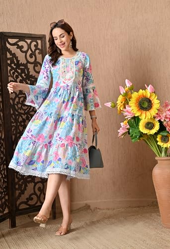 Image of LIBOZA 100% Cotton Floral Print Tiered Midi Dress, Bell Sleeves, Lace Trim Detail, White and Multicolour for Women, Office, Party, All Occassions