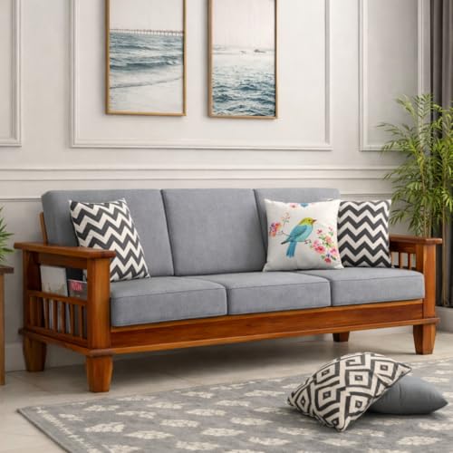 Image of Solid Sheesham Wood 3 Seater Sofa for Living Room | Couch Sofa for Living Room | Sofa Set Furniture for Home| Settee 3 Seater - Grey