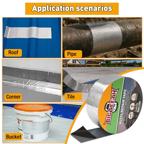 Image of BIGTEETH Aluminum Butyl Waterproof Tape 2 inch x 16 feet | Aluminum Foil Repair Tape for Pipes, Doors, Windows, RV Roofs, Boats, Vents, etc
