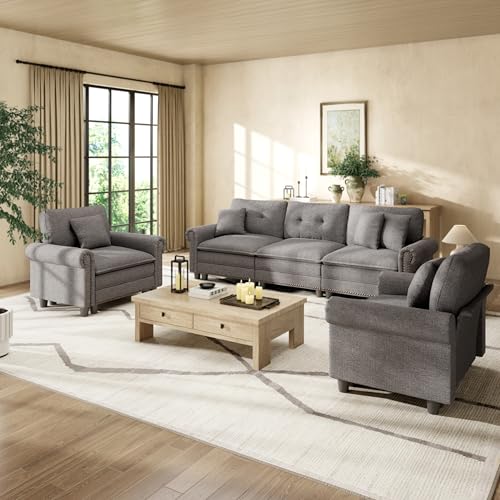 Image of HERA'S HOUSE Modular Sectional Sofa and Chair Set for Living Room 3-Piece | Mid-Century Modern 5-Seater Cloud Sofa Set, Dark Grey, Rolled Arms & Nailhead Trim, Wider Seats, Soft Linen Furniture Set
