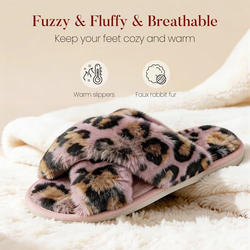 Image of Ankis Women's Fuzzy Slippers Cross Band Memory Foam Open Toe Comfy Soft House Shoes Anti-Slip Indoor Outdoor Gifts for Women