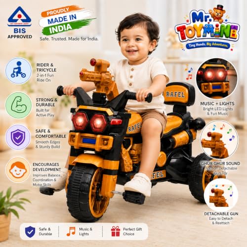 Image of RAFEL Bike Pedal Tricycle for Kids Toddler Trike Headlight, Music, Curved Seat and Backrest Push Along Pedal Trike for 2 Years to 4 Years | Golden | TOYMINE
