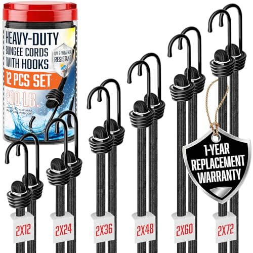 Image of Bungee Cords Heavy Duty Outdoor with Hooks - 12Pc Assorted Sizes Set