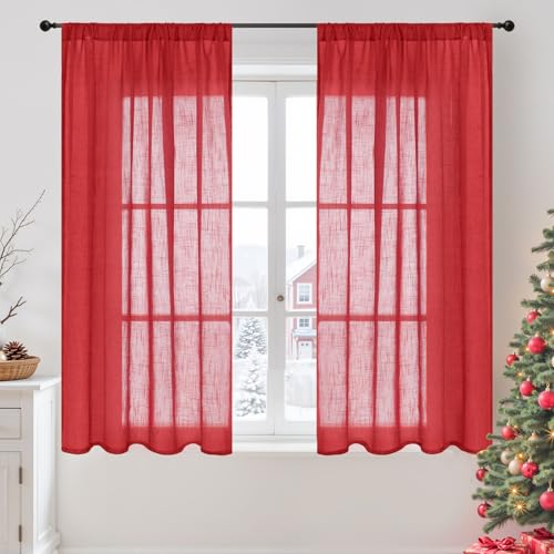 Image of BGment Red Linen Curtains 54 Inch Length for Bedroom Window, Semi Sheer Drapes Lightweight Rustic Textured for Living Room Farmhouse with Rod Pocket, 2 Panels Set, Each 42 Inch Wide