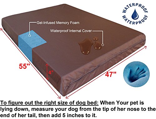 Image of Dogbed4less Orthopedic Waterproof Durable Gel Cool Memory Foam Dog Bed for Large Dogs, Microsuede in Brown Color, Jumbo 55X47X4 Inches