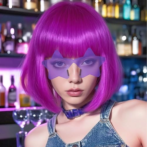 Image of ANOGOL Dark Purple Bob Wig with Bangs Purple Wigs for Women Colored Wigs | Hair Cap+Sunglasses Short Neon Wig for Bachelorette Party Funny Outfit for Women Halloween Costume Night Club Crazy Hair Day