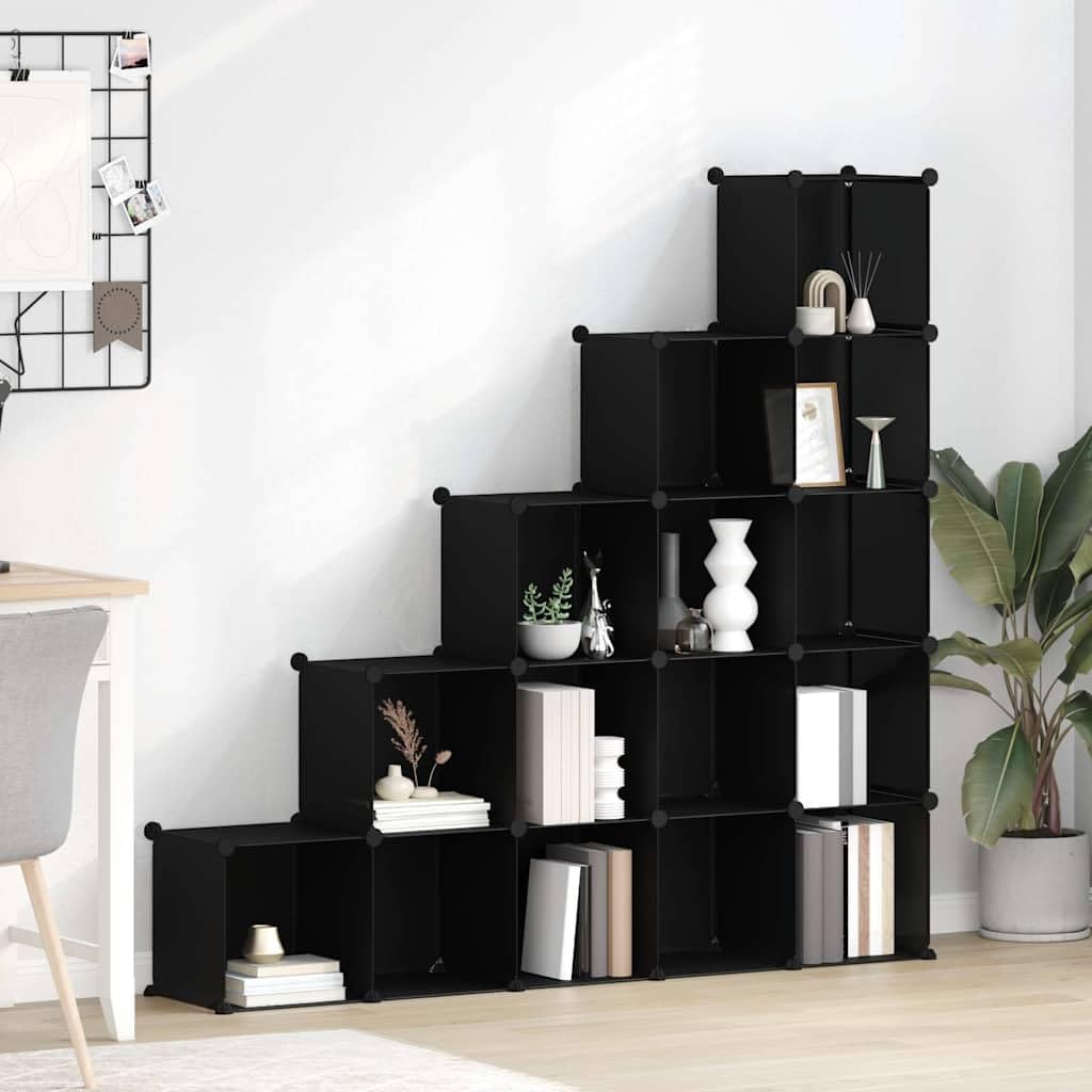 Regalsystem mit 15 Würfeln Schwarz PP Kunststoff, 155x32x153,5 cm, stabiles Stahlrahmen Regal, platzsparend, vielseitig nutzbar für Aufbewahrung, Organizer, Ordnungssystem