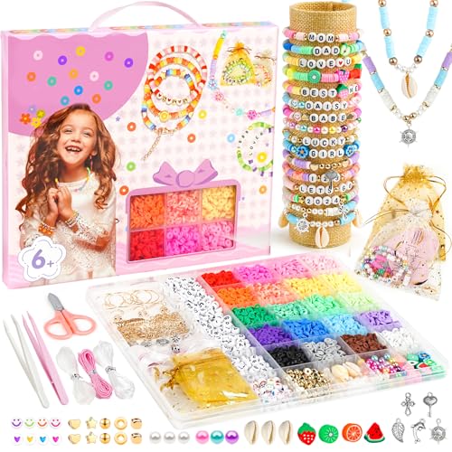 Sistenia Girls Gifts Bracelet Making Kit, 20 Colors Polymer Clay Beads with Charms Letter Beads Arts and Crafts Kit Jewelry Making Set Cute Birthday Gift Idea for Kids Ages 6-15
