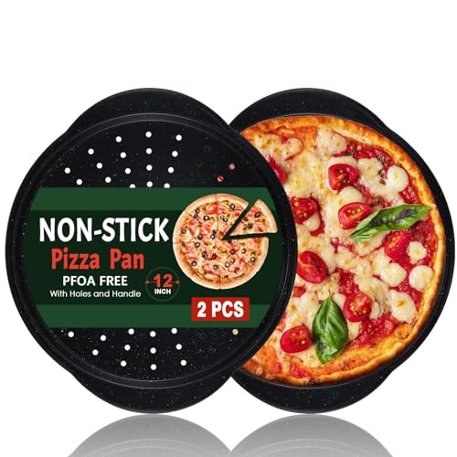 hunnycook 2P Non Stick Pizza Pans - 12&rdquo; Round Pizza Tray with Holes and Handle, Carbon Steel Pizza...