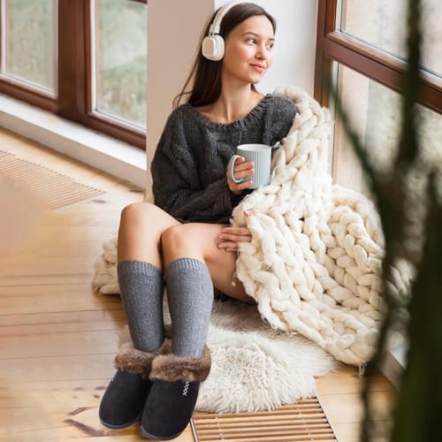 Women's House Platform Slippers Ladies Microsuede Fuzzy Cozy Slippers with Warm Faux Fur Collar & Non-slip Memory Foam Rubber Sole for Indoor Outdoor2