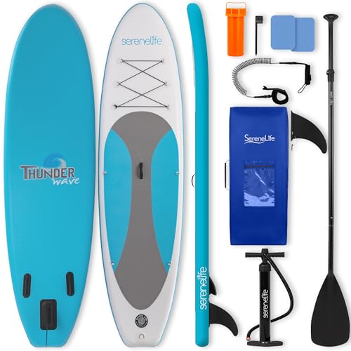 SereneLife Inflatable Stand Up Paddle Board - Wide Stable Design, Non-Slip Deck for Adults & Youth with Premium Paddle Board Accessories: Carry Bag, Dual Action Pump, Paddle, Ankle Leash - 10'
