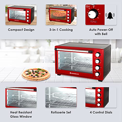Image of Wonderchef Oven Toaster Griller (OTG) Crimson Edge - 28Litres - With Auto-Shut Off Heat-Resistant Tempered Glass Multi-Stage Heat Selection 2 Yrs Warranty 1600W RedBake Grill RoastEasy Clean