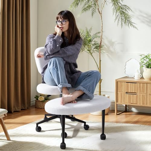 Image of VITESSE Cross-Legged Ergonomic Chair 360 Swivel with Wheels, Adjustable Meditation Seat for ADHD, Lumbar Support, Teddy Fabric Home Office Chair,Off White