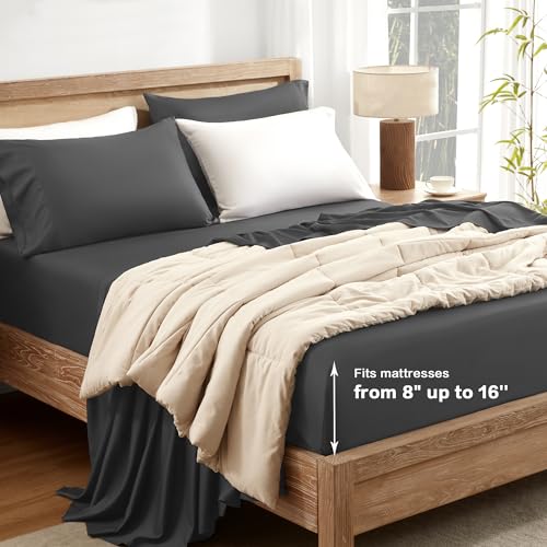 Image of Andency Dark Grey King Sheets Set 100% Viscose Derived from Bamboo | Cooling Summer Sheets, Deep Pocket Up to 16 inch, Silky Soft Hotel Luxury Breathable Bedding Sheets & Pillowcases