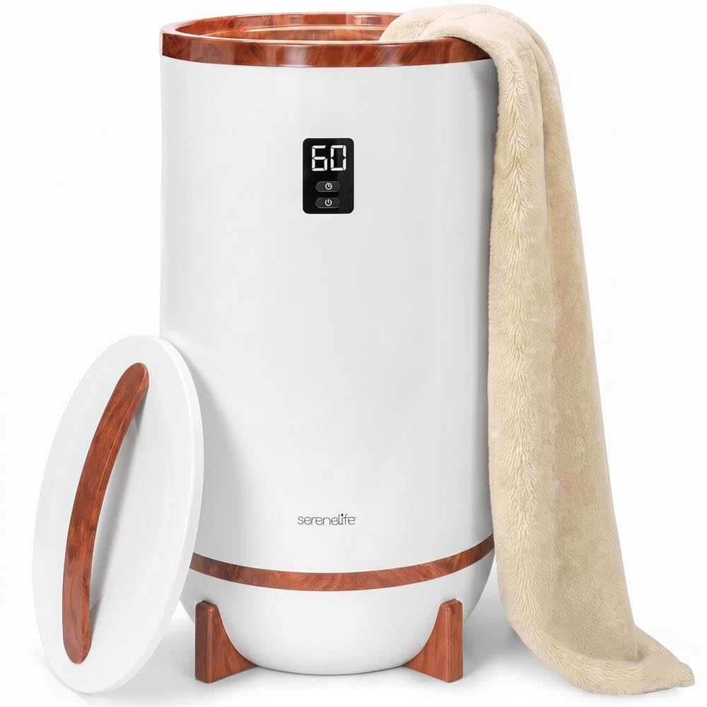 SereneLife Handtuchhalter Braun Holzoptik – Elektrischer Handtuchwärmer für 2 Handtücher Energiesparend und Mobil mit Timer, Handtuchtrockner mit Überhitzungsschutz und Auto-Abschaltung für Bad