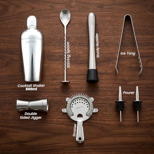Image of O' Holic by Perch Craft 8-Piece Stainless Steel Bartender Kit|Premium Cocktail Shaker Set with Jigger 30 /60ml, Spoon,Pourer,Ice Tong, & Bar Tools|Professional Bar Set for Home &Tour Parties|Silver