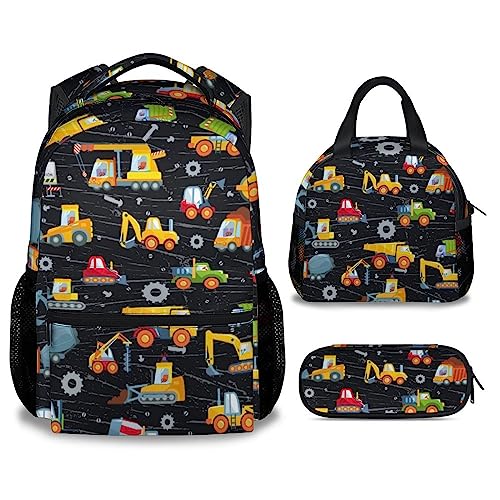 Construction Backpack with Lunch Box, Set of 3 School Backpacks Matching Combo, Cute Lightweight Truck Excavator Bookbag and Pencil Case Bundle