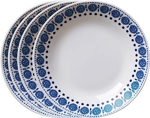 Corelle Milkglass 4-Piece (23 Oz) 8.5" Pasta Bowl Plate Set, Higher Rimmed Glass Dinnerware For Pasta Salad Meal, Graphic Stitch, Azure Medallion #TOP6