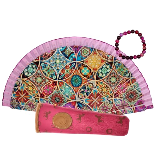 Abanico de Madera con Precioso Estampado Geométrico. Incluye una Funda para Proteger el Abanico. Pulsera de Regalo con Diseño Original. (Mosaico Rosa)