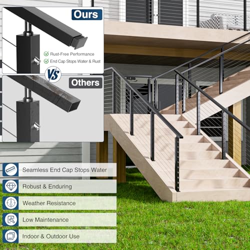 Image of 12FT Black Cable Railing Handrail 4 Pack Rectangular Cuttable Stainless Steel T304 Handrail for Cable Railing System Flat Top Rail Deck Stair Indoor Outdoor Length Adjustable