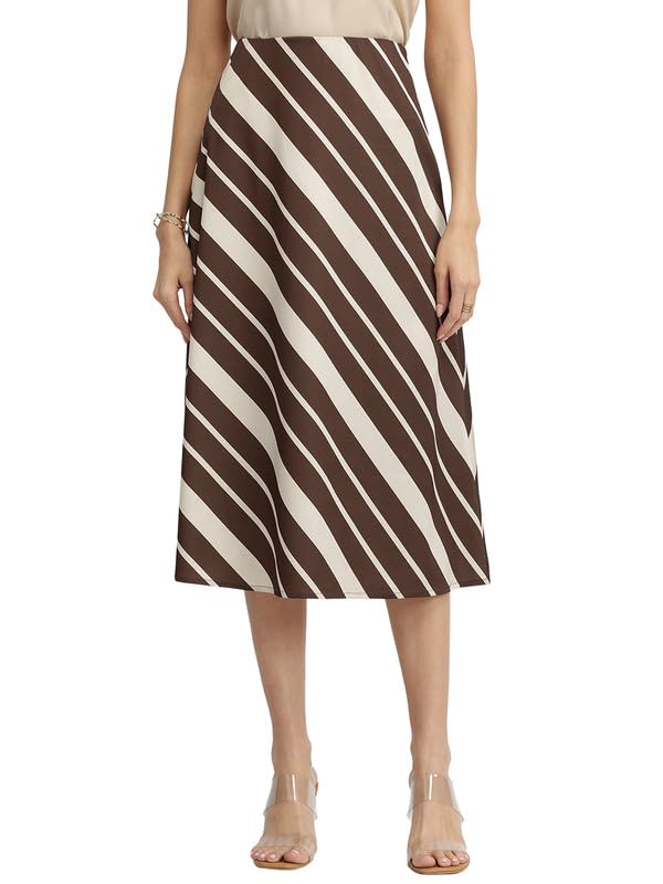 Satin Striped A-Line Skirt - Brown-image-49