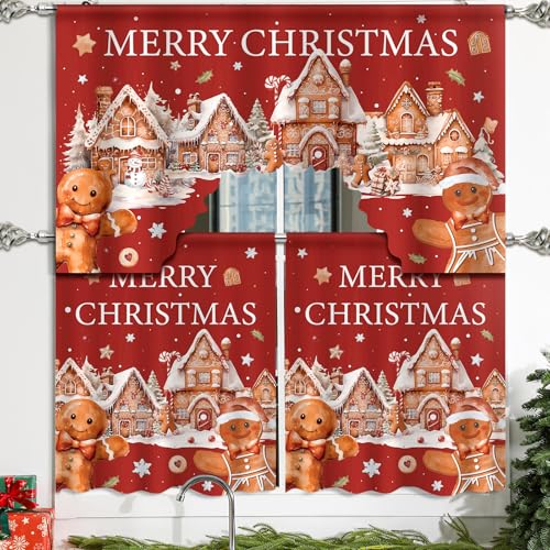 Remagr Christmas Kitchen Curtains 3 Pieces Set Gingerbread Man Window Curtains and Valance for Kitchen Home Bedroom Living Room Cafe Windows 60 x 36 Valance & 36 x 30 x 2 Panels