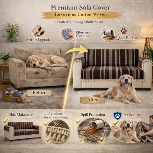 Image of STITCHNEST Chenille Printed Sofa Cover 3 Seater with 2 Hand Rest Covers - Washable Brown Sofa Cover with Tassels - Durable Premium Fabric - Stylish Sofa Protector for Living Room & Furniture Decor