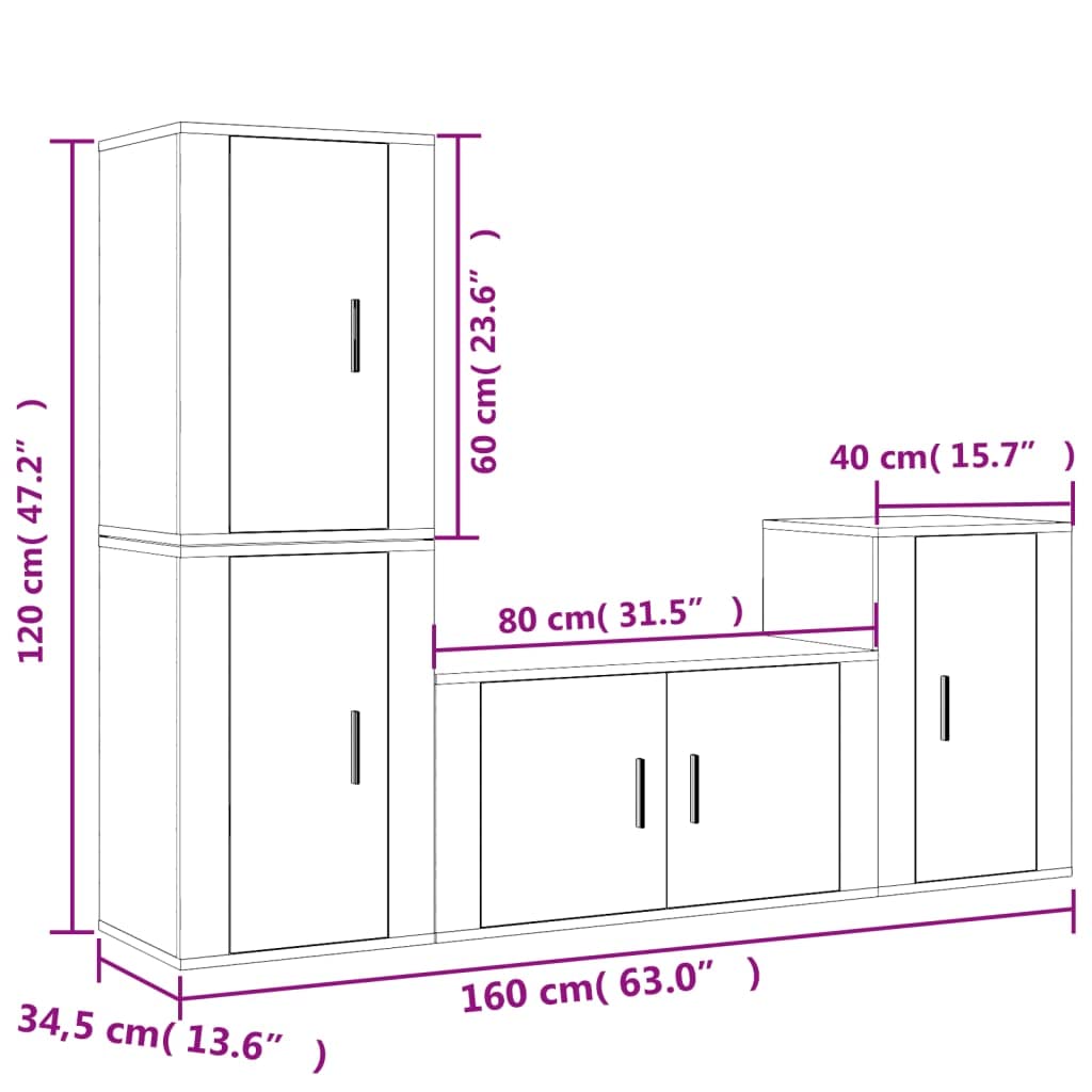 4-TLG. TV-Schrank-Set Räuchereiche Holzwerkstoff, 80x34,5x40 cm, Wandmontage, Modernes Media-Center für Wohnzimmer, Vielseitige TV-Möbel mit Stauraum