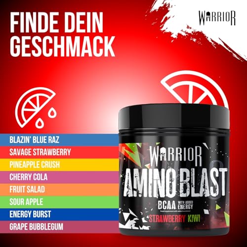 Warrior Amino Blast BCAA-Pulver 270 g (Erdbeer-Kiwi) – Aminosäuren-Supplement mit Koffein, Taurin, Glutamin– zucker- & kohlenhydratfrei – Pre- & Intra-Workout Drink für Muskelaturaufbau & Energie