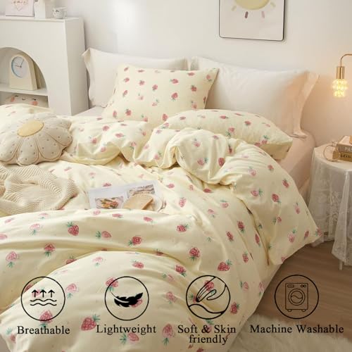 Image of Strawberry Duvet Cover Twin Size Pink Strawberries Cream White Bedding Set Kids Cute Soft Lightweight Microfiber Comforter Cover Set with Zipper Closure and 1 Pillowcase