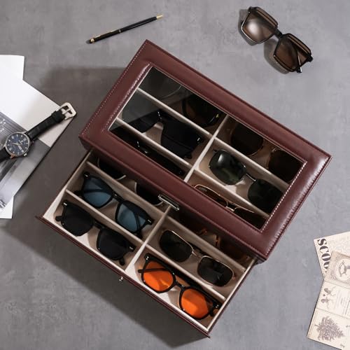 Image of ProCase 12 Slots Sunglasses Organizer, 2 Layer Sunglass Case, Leather Eyeglass Cases for Display and Storage -Brown