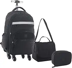 Kit Mochila Escolar Juvenil Masculino 4 Rodas 360° Desenho do Tecido Matelassê Com Lancheira Térmica e Estojo Box (PRETO)