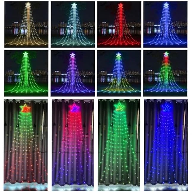 Outdoor Christmas Decorations Star String Light with Remote APP Control 10FT 305LED Waterfall Christmas Tree Light RGB Color Changing Waterproof Hanging Twinkle Fairy Light 210 Mode Timer Music Sync
