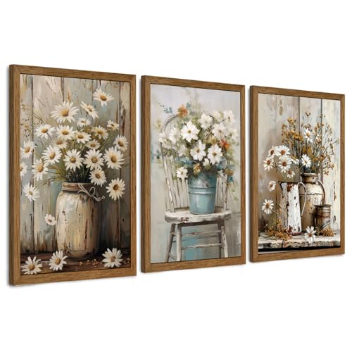 Image of DUWQU Triptych Rustic Farmhouse Daisy Framed Canvas Wall Art 20x30 inch x3