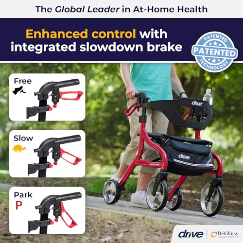 Drive Medical Nitro Sprint Foldable Rollator Walker with Seat - Lightweight Support - Large Wheels - Compact Folding Design - Adjustable Comfort - Standard Size - Red - Image 3