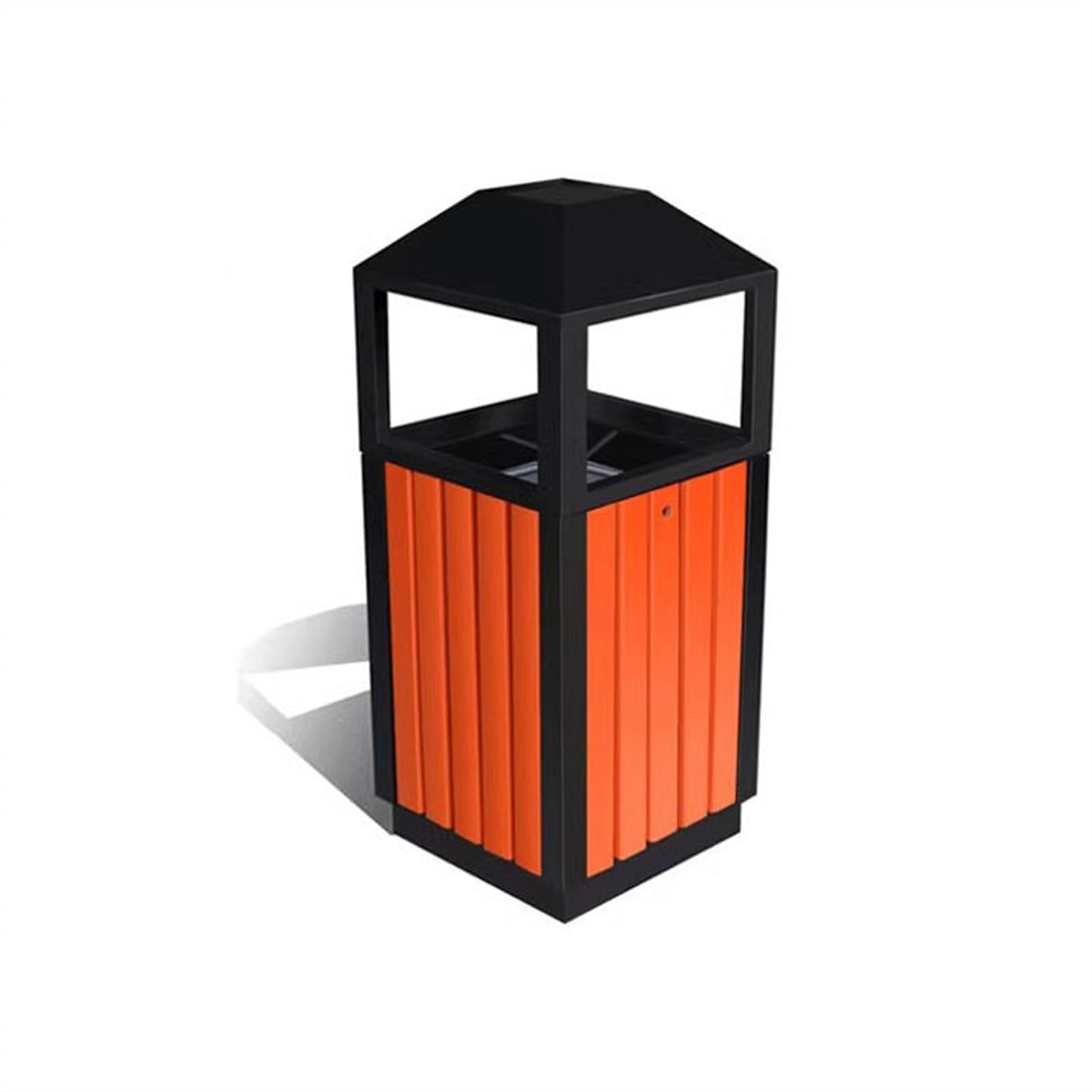 Recykling dużych pojemników na owoce na zewnątrz, krajobraz, szkoła społeczna, plac, stal i drewno, kreatywny cylinder do użytku na zewnątrz (pomarańczowy)