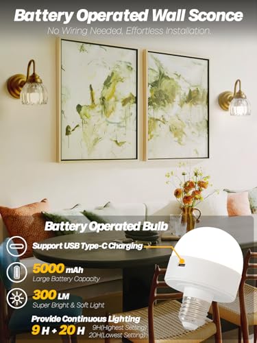 Image of Vintage Battery Operated Wall Sconces Set of 2,Brass Gold Bathroom Vanity Light with Clear Crystals Glass Dimmable Cordless Rechargeable Wall Lamps for Bedroom Living Room Bathroom Hallway