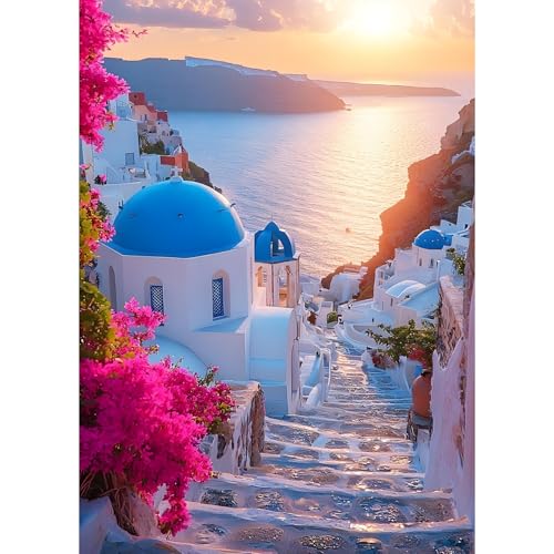 QQYRHN 5D Santorini Diamond Painting Kit für Erwachsene Anfänger Kirche mit Blauem Dach Diamant Kunst Kits Vollständiges DIY Sunset Diamantstickerei-Set Perfekt zur Entspannung und Dekor 30x40 cm