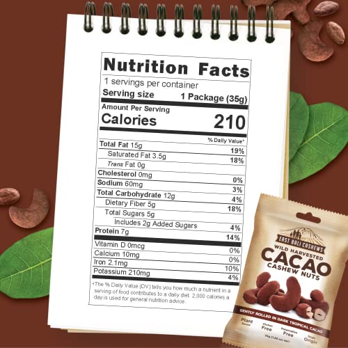 East Bali Cashews - Cacao Coated Cashews - Rich Dark Chocolate Flavor - Nut Snack Pack - Protein Packed, Gluten Free, Non-Gmo, Vegan Friendly - 10 Count - 1.23Oz #TOP5