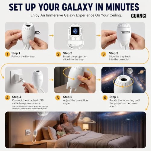 Image of GUANCI 2-in-1 Galaxy Projector Night Light, Mini Star Projector with 5 Slide, USB Portable Starry Sky LED Lamp, 360 Rotating Adjustable Brightness for Bedroom, Kids Room & Car Decor