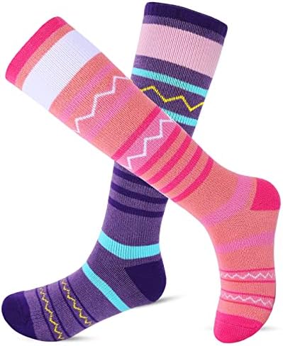 KUYOU Kids Ski Socks 2 Pair Skiing Socks Long Warm Knee High Winter Snow Skating Snowboarding Socks for 6-12 Years Old