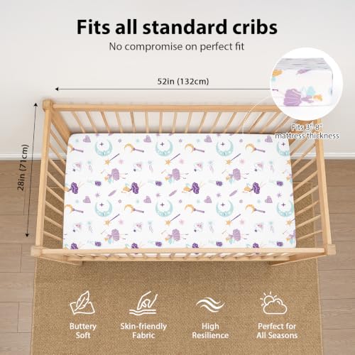 Image of Baby Crib Sheets Girl, 3 Pack Toddler Bed Sheets Fitted for 52 inchx28 inch Standard Crib and Toddler Mattresses, Super Soft Microfiber Purple Magic Fairy