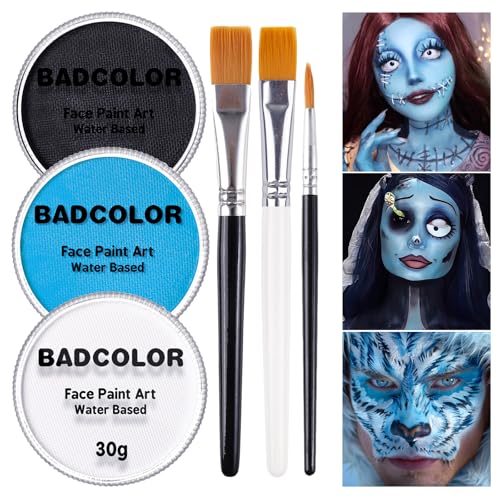 White Black & Light Blue Sally Makeup Face Body Paint Corpse Bride Face Painting Kit with Painting Brushes for Halloween Water Based Face Paints for Smurf Avatar Mermaid & Demon SFX Costume Make-Up