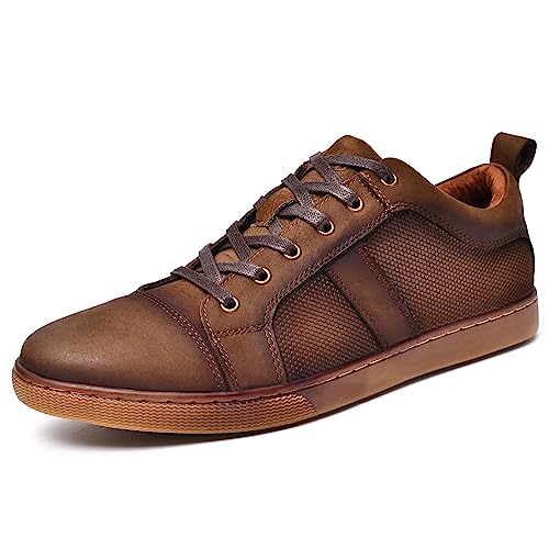 Image of Men's Casual Sneakers Fashion Oxford Sneaker Shoes Embossed Nubuck Brown Leather Daily Shoe for Men Size 7
