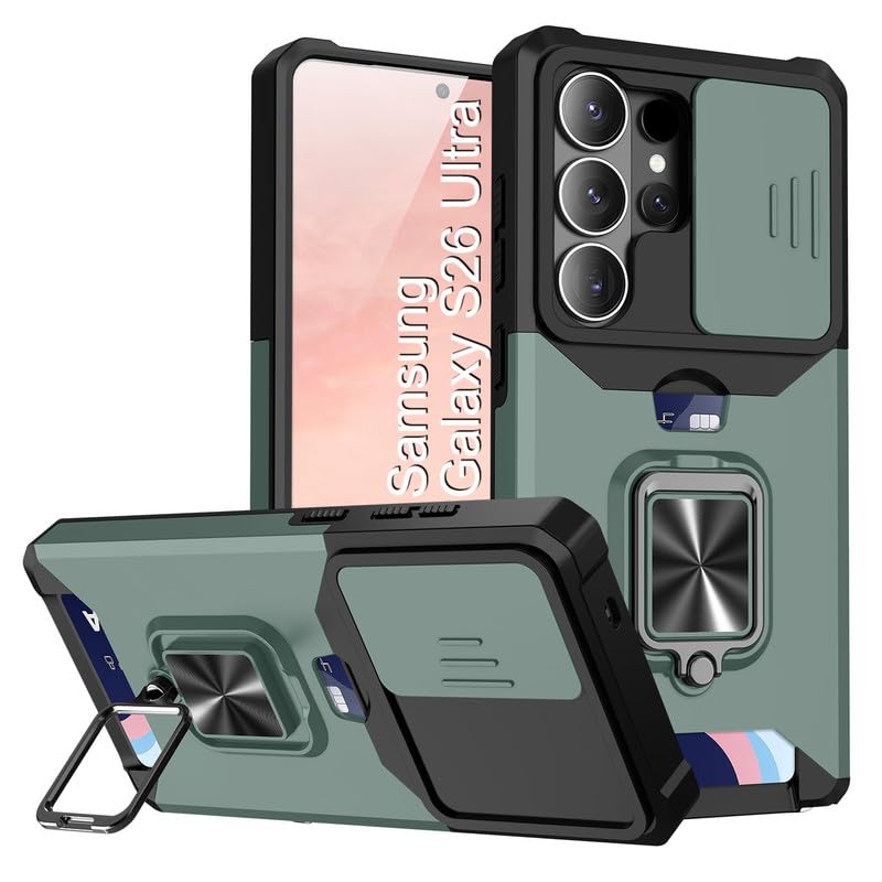 Image of LuxuryKase Shockproof Armor Case for Samsung Galaxy S26 Ultra | Slide Camera Cover | Hidden Card Slot | Rotating Ring Kickstand | Magnetic Car Mount Support | Military Grade Protection - Green